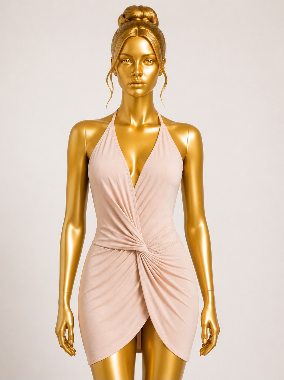 Boohoo Nude Halter Twist Ruched Mini Dress